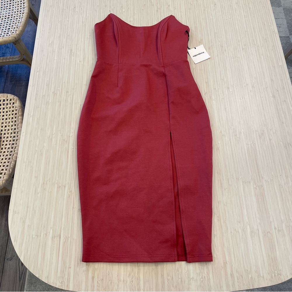 Superdown brick burgundy strapless bodycon dress small